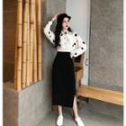 Dotted Shirt / Split Hem Midi H-line Skirt