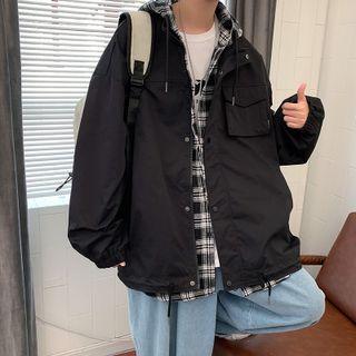 Mock Two-piece Plaid Hooded Panel Jacket