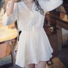 Elbow-sleeve Mini A-line Shirtdress White - One Size