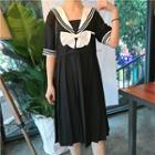Sailor Collared Short-sleeve Midi Pleated Dress As Shown In Figure - One Size