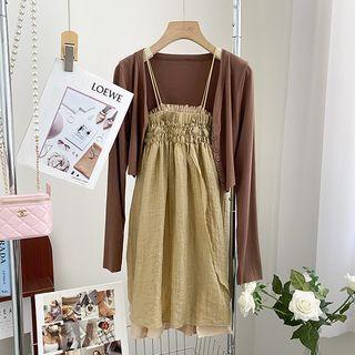 Set : Plain Cardigan + Pleated A-line Dress Green - One Size