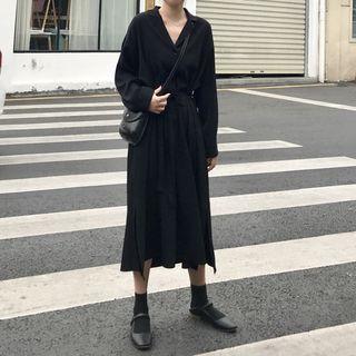 Long-sleeve V-neck Tie-waist Plain Dress Black - One Size