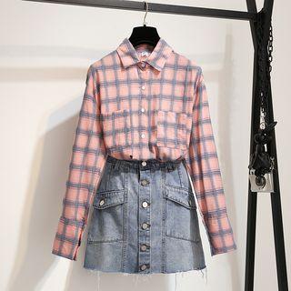 Plaid Shirt / Mini Denim Skirt / Set