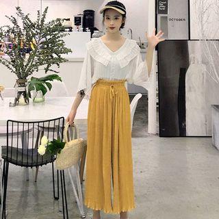 3/4-sleeve V-neck Chiffon Blouse / Wide-leg Pants