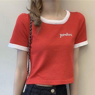 Short-sleeve Lettering Embroidered Knit Top