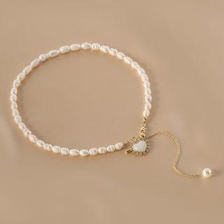 Heart Faux Pearl Pendant Alloy Necklace Gold & White - One Size