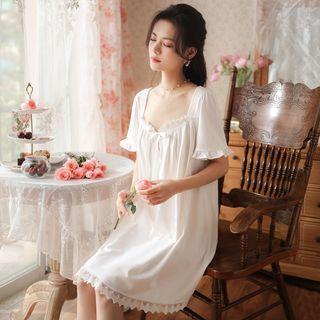 Elbow-sleeve Lace Trim Mini A-line Sleep Dress