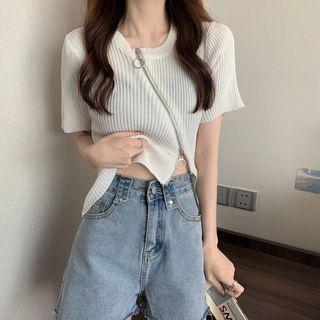 Short-sleeve Asymmetrical Zip-up Knit Top