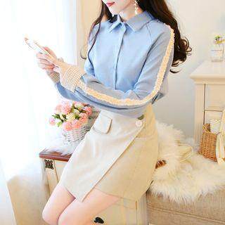 Set: Frilled Trim Beaded Blouse + Asymmetric Flap Mini Skirt