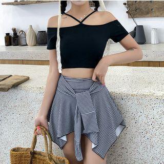 Set: Short-sleeve Cold Shoulder Bikini Top + Checker Swim Skirt