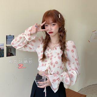 Long-sleeve Floral Ruffled Cropped Blouse