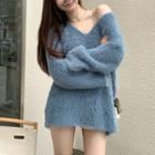 V-neck Furry-knit Loose Sweater