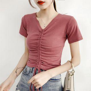 Sequined Drawstring Crop T-shirt