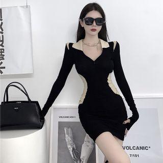 Long-sleeve Open-collar Two-tone Knit Mini Bodycon Dress