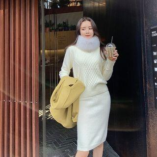 Set: Mock-neck Midi Sweater Dress + Knit Vest