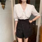 Short-sleeve Ruffle Trim Collar Blouse / Asymmetrical Mini Skirt