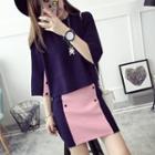 Set: Buttoned 3/4 Sleeve Sweater + Color Panel Skirt