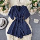 Pinstriped Short-sleeve Tie-waist Wide-leg Playsuit