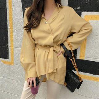Longline Wrap Shirt With Sash Yellow - One Size