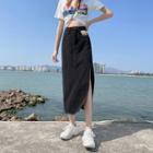 Side-slit Frayed Denim Midi Pencil Skirt