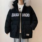 Faux Fur Collared Letter Embroidered Padded Coat