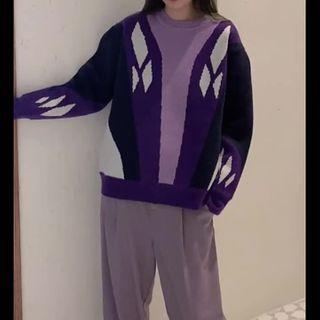 Color Block Sweater Purple - One Size