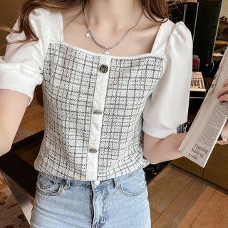 Short-sleeve Tweed Panel Blouse