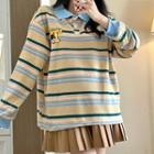 Long-sleeve Bear Print Striped T-shirt T-shirt - One Size