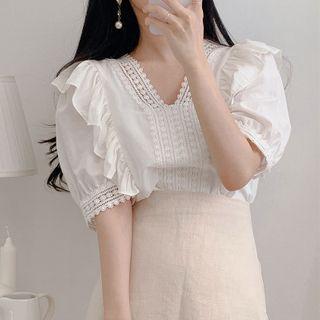 Lace Panel Ruffle Trim Short-sleeve Blouse