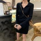 Long-sleeve Knit Plain Dress Black - One Size