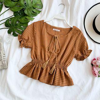 Short-sleeve Plaid Smocked Blouse