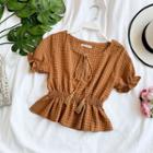 Short-sleeve Plaid Smocked Blouse