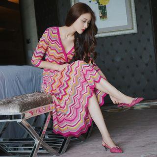 Elbow-sleeve Chevron Striped Midi A-line Knit Dress