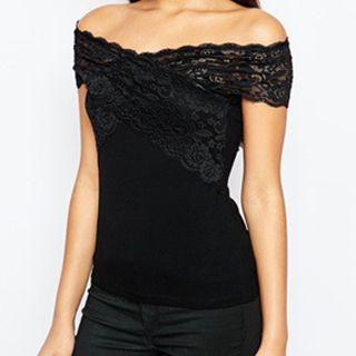 Off-shoulder Lace Panel Short-sleeve T-shirt
