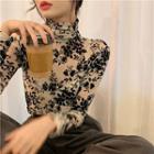 Turtle-neck Flower Print Top As Figure - One Size