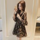 3/4-sleeve Floral A-line Mini Dress