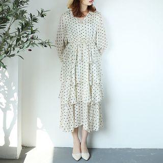 Dotted Long-sleeve Tiered Midi Chiffon Dress