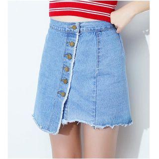 Buttoned Down Asymmetric Hem Denim Skirt
