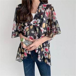 Set: Sheer Chiffon Floral Blouse + Camisole Top