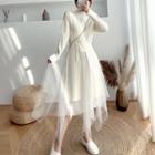 Set: Mock Neck Slit Knit Dress + Mesh A-line Skirt