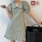 Plaid Collared Puff-sleeve Mini A-line Dress