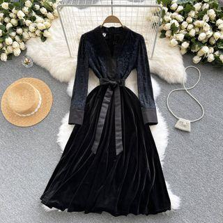 V-neck Bow Lace Panel Velvet Dress