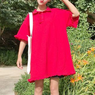 Ruffle Trim Elbow-sleeve Polo Dress