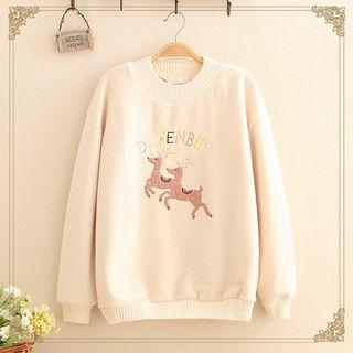 Deer Embroidered Fleece-lined Sweatshirt