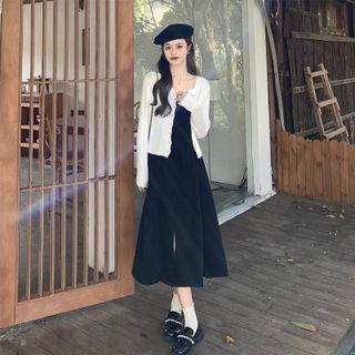 Spaghetti-strap Slit Midi A-line Dress / Cropped Cardigan