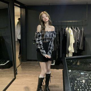 Long-sleeve Off-shoulder Plaid Crop Top / Mini Pencil Skirt