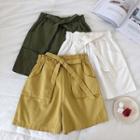 Plain Double-pocket Lace-up Shorts