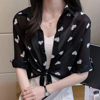 Elbow-sleeve V Neck Heart Print Chiffon Jacket