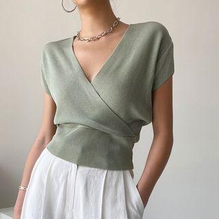 Short-sleeve V-neck Wrap Knit Top