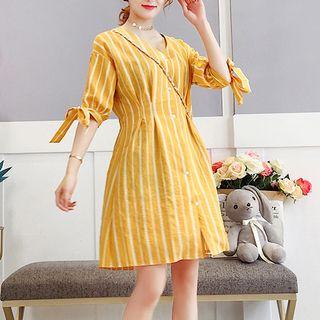 Elbow-sleeve Striped Buttoned A-line Dress